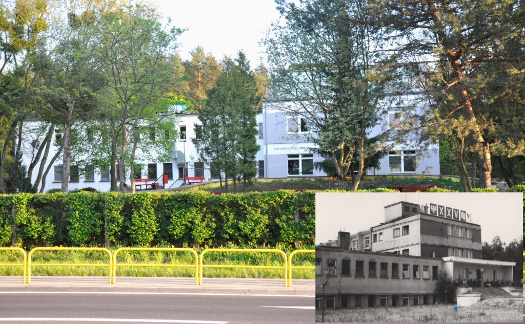Zdjęcie przedstawia kolaż z czarno-białej fotografii budynku Domu z lat osiemdziesiątych oraz zdjęcia kolorowego Dom obecnie.