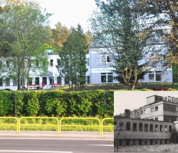 Zdjęcie przedstawia kolaż czarno-białej fotografii budynku Domu z lat osiemdziesiątych, kolorową fotografię domu przed termomodernizacją oraz zdjęcia kolorowego Dom obecnie